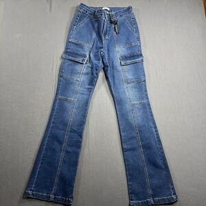 BLEU Cargo Flare High Rise Stretch Blue Denim Medium Wash Jeans Size 6